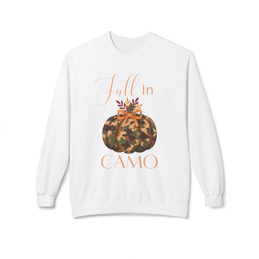 Camo Pumpkin Fleece Sweatshirt, Cozy Fall Apparel, Unisex Crewneck, Perfect for Autumn, Thanksgiving Gift, Seasonal Style
