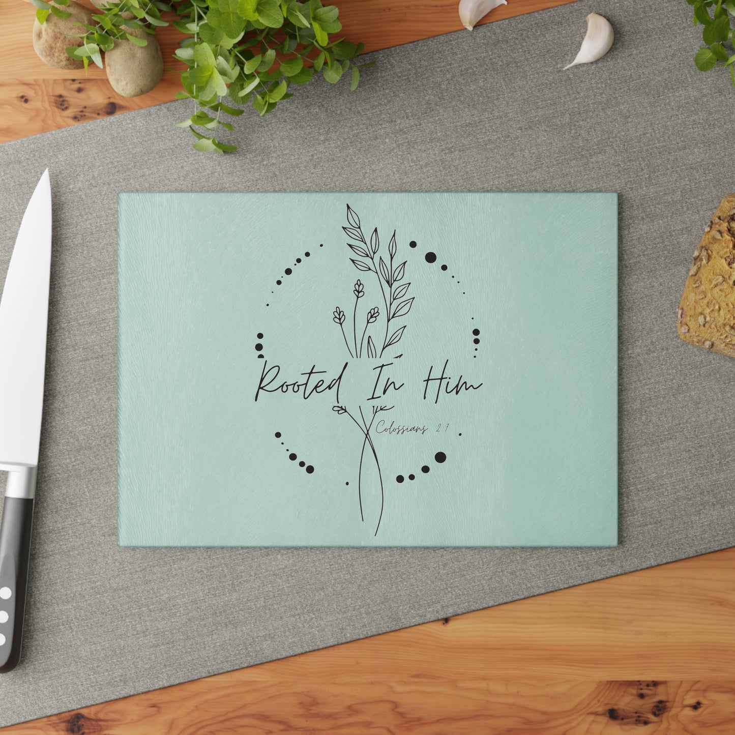 Rooted In Him Glass Cutting Board