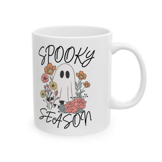 Spooky Season Ceramic Mug, 11oz or 15oz, Halloween Coffee Cup, Cute Ghost Mug, Floral Design Mug, Perfect Gift for Autumn